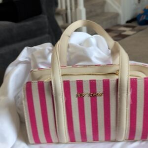 Betsey Johnson Pink and Cream Striped Satchel with Gold Hardware